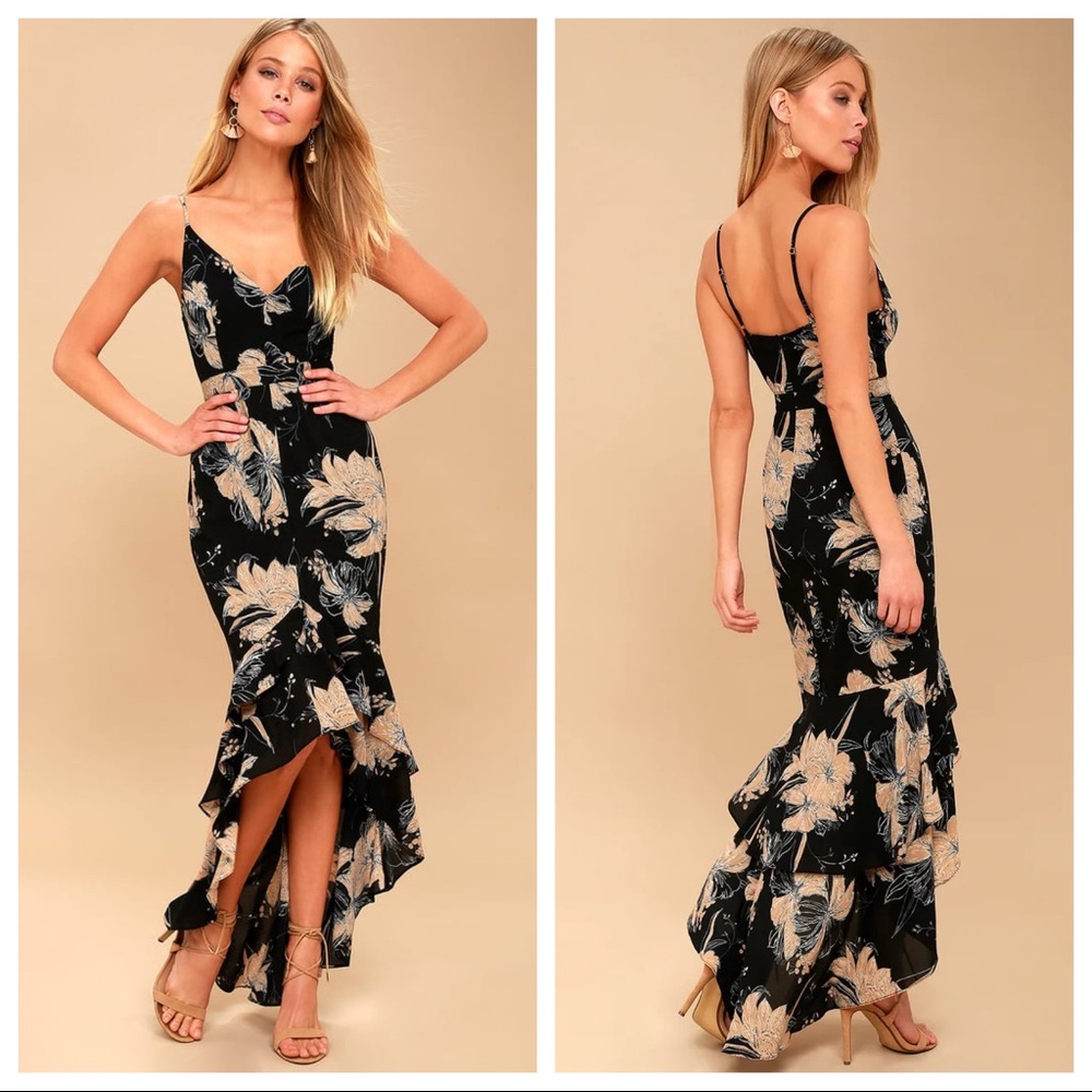 Lulus Darling Daylily Black Floral High-Low Dress